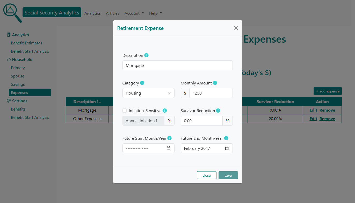 Retirement expense data entry form.