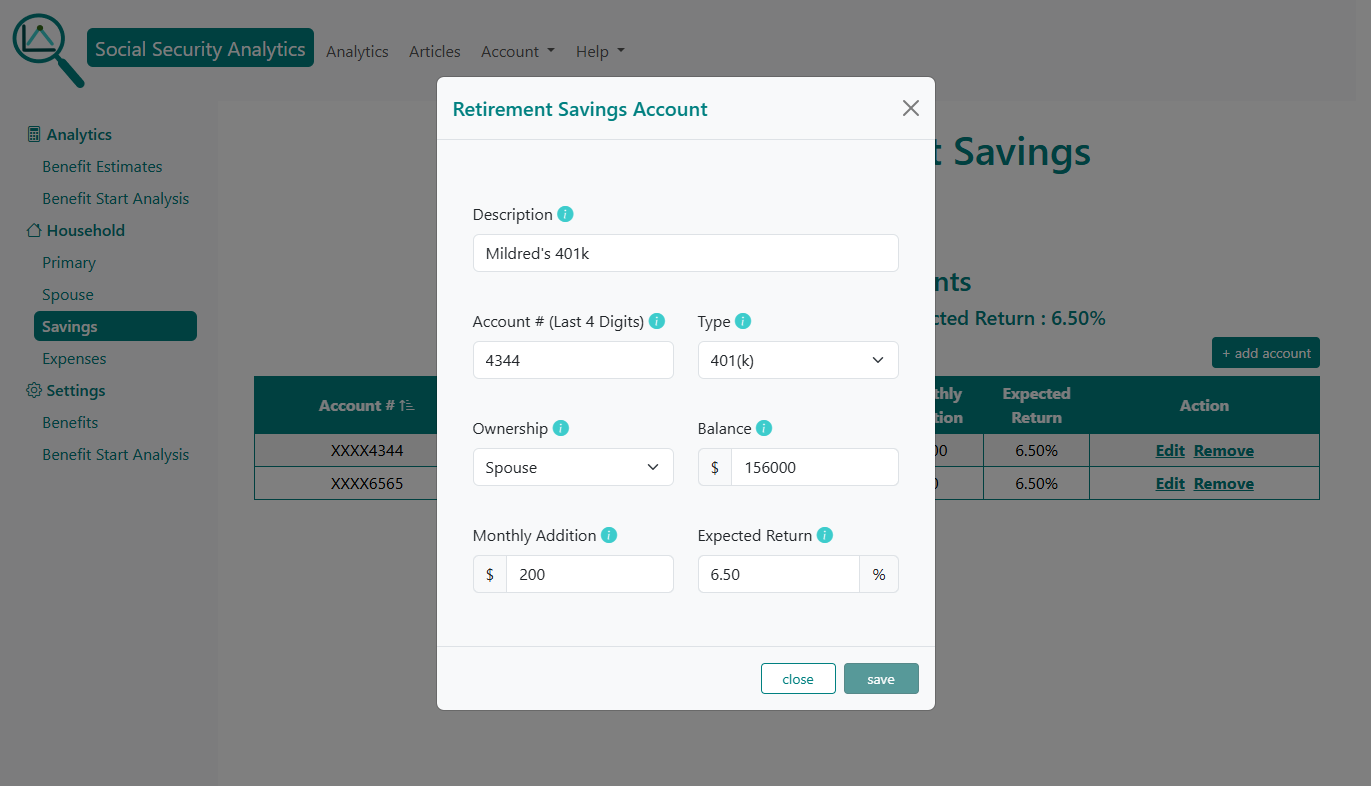 Retirement Savings account data entry form.